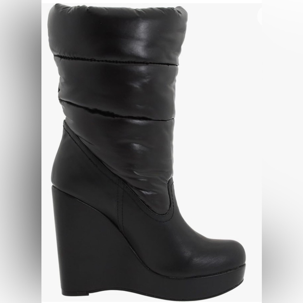 KENSI GIRL - Women's Black Puffy Fur lined Wedged platform boots